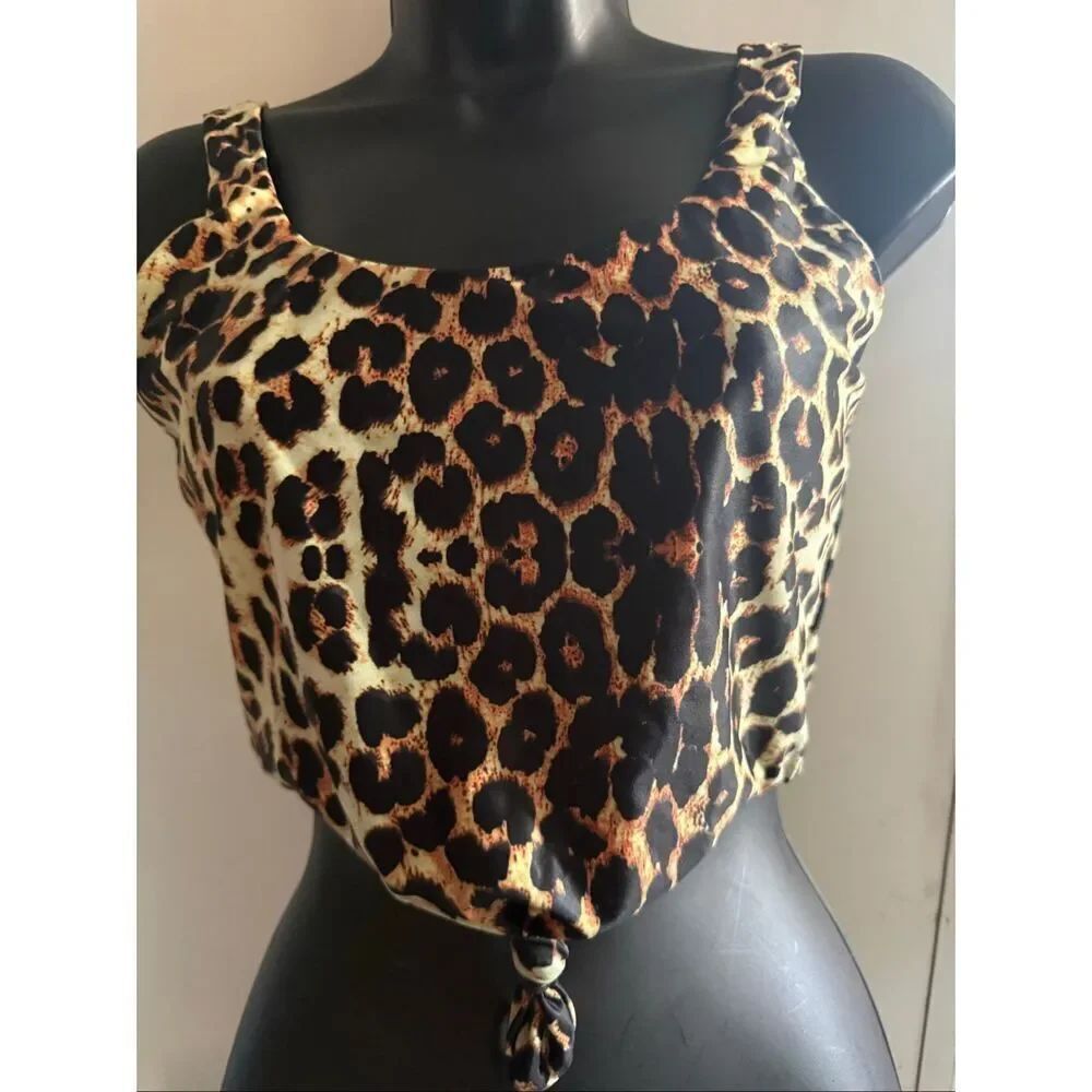 ZAFUL Women's Scoop Neck Knotted Leopard Print Crop Tank Top Black Tan Size 6